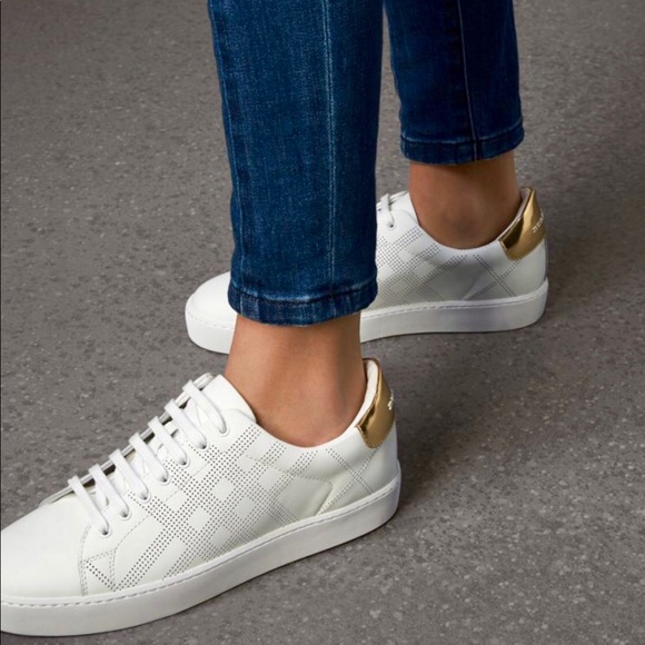 burberry perforated check leather sneakers